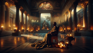 Un noble rey vestido con atuendo regio en un gran palacio antiguo iluminado por la suave luz de las velas.