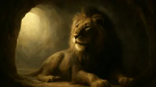 Dentro de una cueva tenue, un león bebe leche dulce y especiada ofrecida por una mujer sencilla.