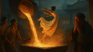 Ko-ai leaps into molten metal during the final bell casting in Beijing