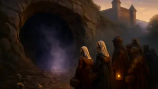 Aldeanos mirando con ansiedad la cueva del dragón bajo la colina de Wawel