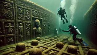Kwame e mergulhadores locais exploram as profundezas do Rio Volta, onde descobrem as ruínas de um antigo palácio submerso coberto de musgo.