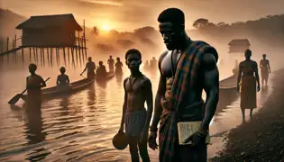 Kwame está à beira do rio Volta ao amanhecer, preparando-se para deixar Anum, enquanto Nana Kofi observa solemnemente as águas cobertas de névoa.