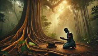 Kwame Mensah se arrodilla ante un árbol antiguo, rindiendo respeto al Espíritu del Bosque mientras una luz dorada brilla a través de la jungla.