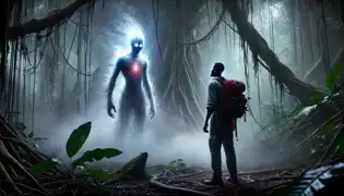 Kwame Mensah mira con asombro y temor mientras el etéreo Espíritu del Bosque de Kakum surge de la niebla, con sus ojos brillantes fijos en él.