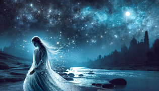 Ghostly woman gracefully moving towards the river with sorrowful expression under moonlit sky.