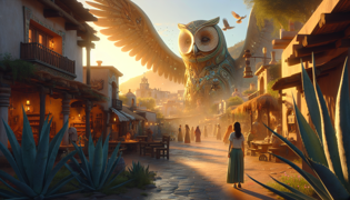 Marisol gazing up at the giant owl statue in the village plaza during sunset.