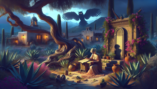 Marisol discovering the ancient scroll in a secluded grove guarded by agave plants and moonlight.