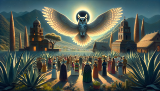 Villagers battling dark shadows under the eclipse sky with La Lucha shielding them.