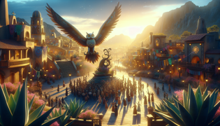 Villagers celebrating under a bright sunrise with La Lucha watching over Agave Ridge.