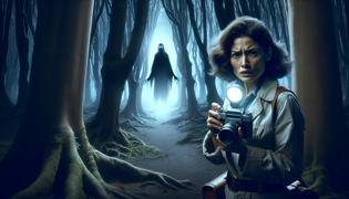 Elena observa la misteriosa luz a través de su cámara en el bosque argentino.