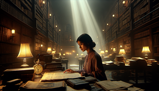 Elena descubriendo viejos diarios y recortes de periódicos sobre La Luz Mala en la biblioteca.