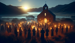 Reunión comunitaria en la capilla realizando rituales para honrar a los espíritus.