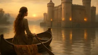 El barco de la dama llegando al puerto de Camelot al amanecer.
