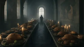 Ilustración de Lady Freule organizando un banquete lujoso en su magnífico salón.