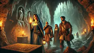 La dama Ivana y sus compañeras exploraban una oscura cueva bajo el Castillo de Trsat, iluminada por runas brillantes y la luz de antorchas.
