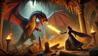 La dama Ivana se enfrenta a Valmar, el dragón, en una caverna llameante, empuñando una espada resplandeciente contra la imponente bestia.