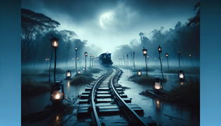 Un resplandor brillante de linterna atraviesa la niebla pantanosa mientras se acerca un tren espectral.