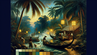 Un mural moderno junto al río de El Mohán, iluminado por lámparas solares y rodeado de palmeras frondosas al atardecer en Colombia.