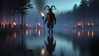Los artistas que llevan disfraces con cuernos de cabra bailan alrededor de antorchas tiki en la orilla del lago Worth durante la noche.