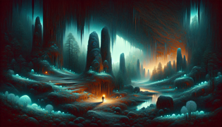 El explorador iluminado por un resplandor azul celeste se acerca a monolitos antiguos tallados con espirales en una vasta cámara subterránea.