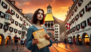 Lena Bergmann se encuentra frente al Tejado de Oro al atardecer, sosteniendo la antigua carta, con una expresión de triunfo en su rostro.