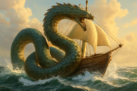 El barco de Sinbad luchando contra un enorme serpiente marina bajo un cielo tormentoso.