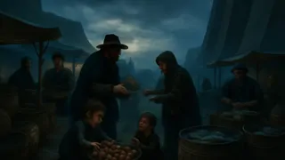 Día de mercado en Cantre'r Gwaelod, con los aldeanos intercambiando bienes bajo la atenta vigilancia de los diques.
