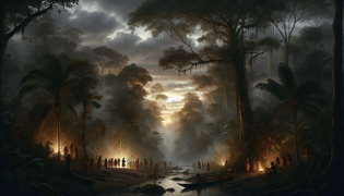 La luz de la mañana que se filtra a través del dosel del Amazonas hacia una orilla del río, donde un canoa está preparada, y los habitantes observan atentos.