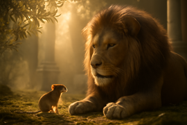 Un león y un ratón de pie juntos al borde de un claro en el bosque al amanecer.