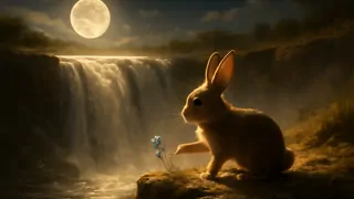Un conejo recuperando la flor de medianoche junto a la cascada