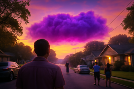 Primer vistazo a las nubes de litio púrpuras sobre una calle suburbana de Austin.