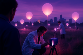 Científicos inspeccionando instrumentos mientras el resplandor púrpura aún perdura en el cielo.