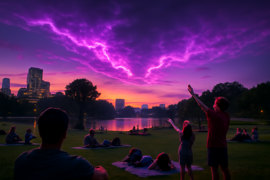 Reunión comunitaria en un parque bajo un cielo iluminado en tonos púrpura.