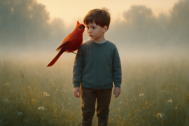 Un niño en un prado brumoso con un cardenal posado en su hombro.