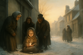 Última escena de la menina del partido al amanecer, la nieve cae suavemente mientras los habitantes del pueblo se reúnen.