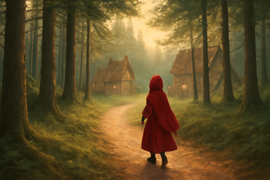 Caperucita Roja caminando por un sendero boscoso salpicado de luces y sombras, bajo la sombra de altísimos pinos