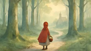 La Pequeña Capuchina caminando por un sendero de bosque brumoso bajo altos hayas