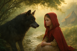 Un astuto lobo conversando con una niña con capucha roja junto a un arroyo del bosque.