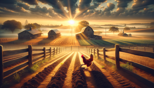 Little red hen beginning work on a dusty field at sunrise