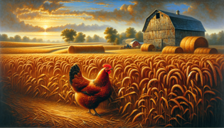 Little red hen proudly surveying a bountiful, golden harvest in a quiet field