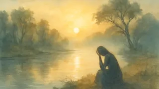 La primera luz del día sobre un río sereno, mientras una madre etérea se desvanece en la niebla matutina.