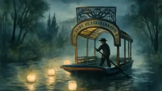 Una embarcación fluvial tenuemente iluminada, con faroles que flotan bajo la niebla, evocando la presencia inquietante de La Llorona.