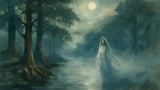 Una mujer espectral vestida de blanco emerge de las neblinosas orillas del río bajo un cielo nocturno estrellado.