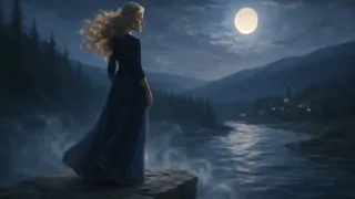 Lorelei cantando en la alta roca sobre el Rin bajo la luz de la luna, con la niebla arremolinándose a su alrededor.