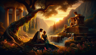 Orfeo y Eurídice compartiendo un momento tierno en un claro arcadio bañado por la luz del sol, rodeado de árboles antiguos.