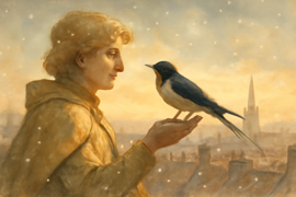Una pequeña golondrina, que se posó con valentía en el hombro del príncipe, sobre un cielo cubierto de nieve.