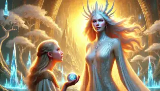 Lára, una figura radiante vestida con prendas plateadas, se encuentra junto a Freyja en un valle etéreo resplandeciente, rodeada de árboles que parecen de cristal.