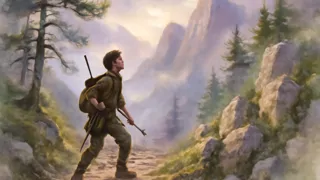 Luka the hunter climbs into the misty Julian Alps at dawn.