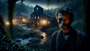 Elias, the troubled mad man, stands before the abandoned Brush Creek mill in a twilight haze.
