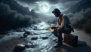 A pensive Elias reflecting on lost love while gazing at a moonlit creek in Brush Creek.